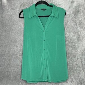 Adrianna Papell XL Shirt Top Green Solid Sleeveless V Neck Button Up Stretch